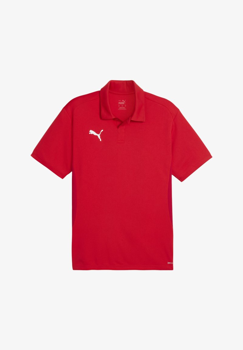 Camisola polo vermelha feita de tecido respirável com uma superfície texturizada. Apresenta um colarinho dobrável e um logo branco da Puma no peito.