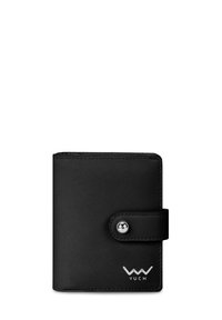 Black leather wallet with a smooth texture, a rounded silver snap button, and embossed "VUCH" logo on the front, rectangular shape.