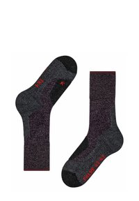 Ciemnoszare i bordowe skarpetki z teksturowanym wzorem, wzmocnioną piętą i palcami oraz widocznym logo z boku. Elastyczny materiał z prążkowanym mankietem.