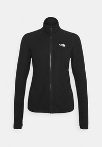 Černá fleecová bunda s vysokým límcem, plným zipem vpředu a dvěma postranními zipovými kapsami. Logo The North Face je umístěno na levé straně hrudi.