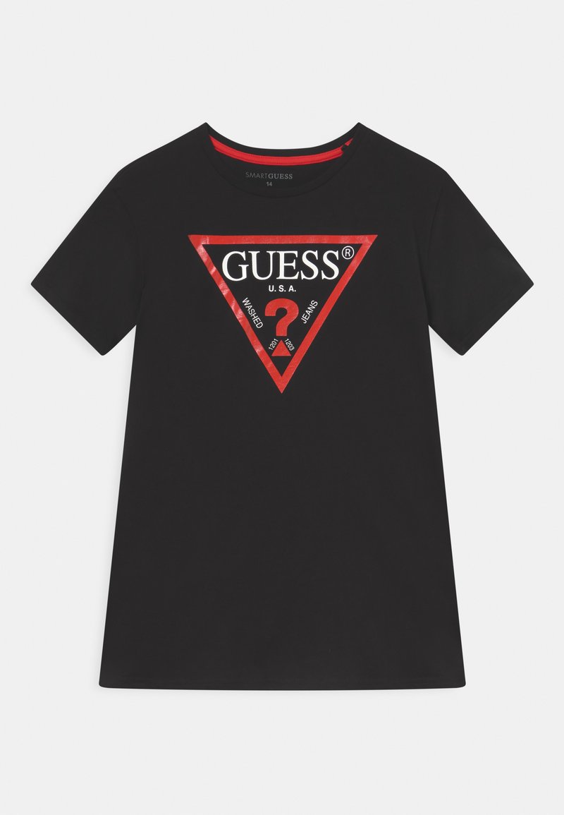 Svart bomull t-skjorte med en rød triangel-logo med teksten "GUESS® U.S.A." og et spørsmålstegn. Korte ermer og design med rund hals.