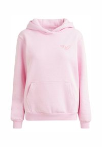 Rosa hettegenser med en frontlomme, snor i hetta, og to små broderte hjerte-design på brystet. Myk bomullsblanding.