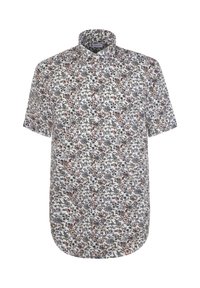Chemise à manches courtes avec boutons, base blanche et motif floral dense et petit en tons rouge, bleu, vert et noir.