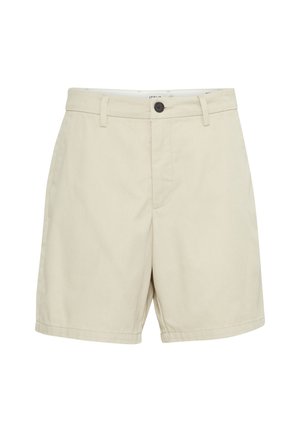 Beige knæshorts i knælang længde med knaplukning, bæltestropper og sidelommer, vist på en hvid baggrund.