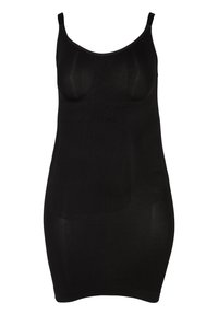 Zwarte aansluitende slipdress van soepel, rekbaar materiaal met dunne, verstelbare bandjes en een ronde halslijn. Lichtgewicht en naadloos ontwerp.