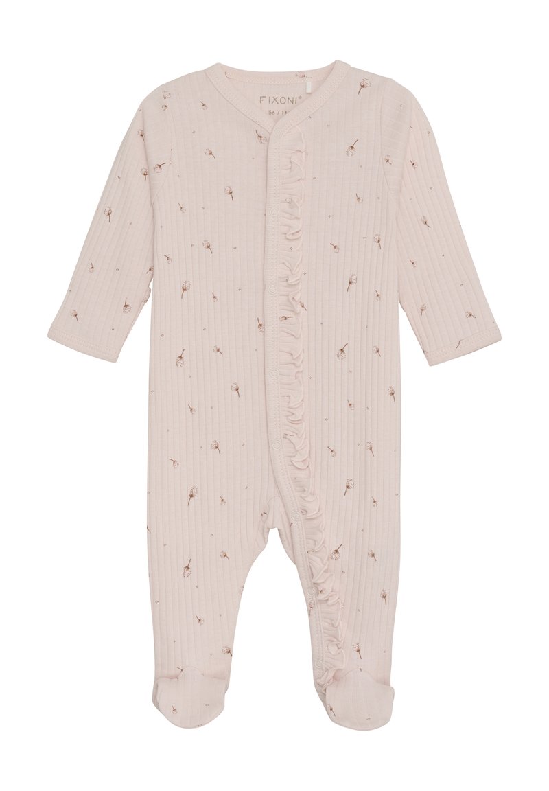 Lys pink ribbet heldragt med knap foran, flæser og små blomster mønster. Lange ærmer og lukkede fødder for varme.