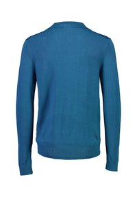 Niebieski, dziany sweter, długie rękawy, ribbowa wykończenie dekoltu i mankietów, gładka tekstura, minimalistyczny design, bez widocznych wzorów czy dodatków.