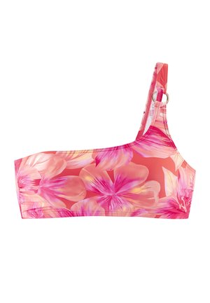 Haut de bikini rose asymétrique avec grand imprimé fleurs tropicales et détail anneau en métal sur la bretelle.