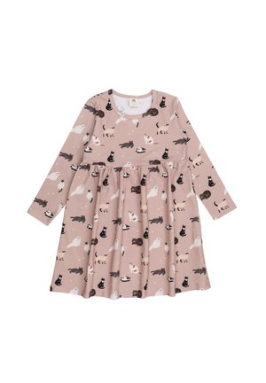 Langärmliges Kleid aus weichem, hellrosa Stoff mit einem verspielten Katzenmuster in verschiedenen Farben. Der Rock ist gerafft für eine ausgestellt Silhouette.