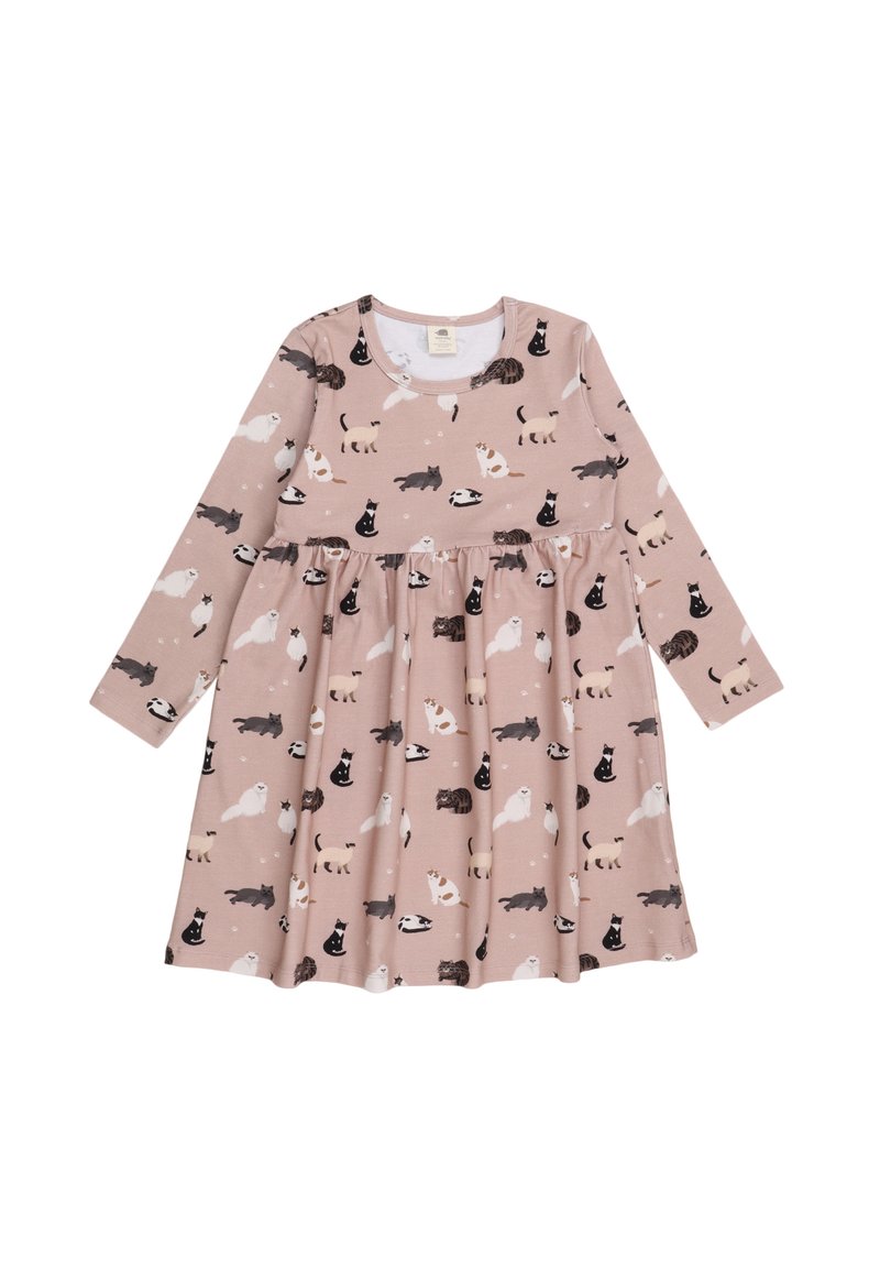 Langärmliges Kleid aus weichem, hellrosa Stoff mit einem verspielten Katzenmuster in verschiedenen Farben. Der Rock ist gerafft für eine ausgestellt Silhouette.