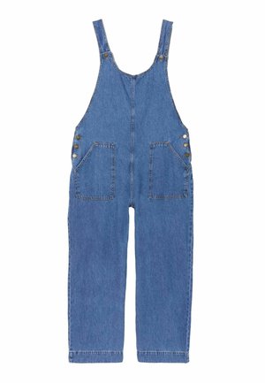 Blå denimoveralls med forlommer, justerbare skulderstropper og knaplukninger i siderne, lagt fladt på hvid baggrund.