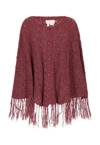 Poncho en tricot bordeaux avec un tissage ouvert, présentant un col rond, six boutons sur le devant et de longs bords à franges.