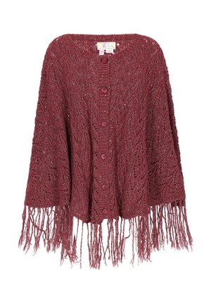 Poncho tricotat burgund, cu țesătură deschisă, având un guler rotund, șase nasturi pe față și marginile lungi cu franjuri.