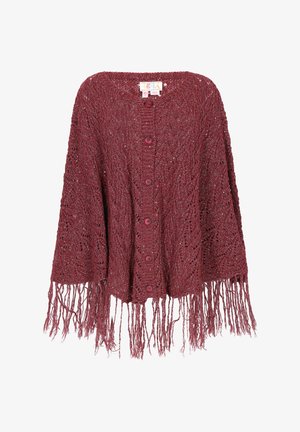 Burgunderfarbener gestrickter Poncho mit offener Maschenstruktur, runder Halslinie, sechs Knöpfen vorne und langen fransigen Kanten.
