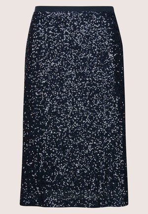 Marineblauwe knielange rok bedekt met metalen pailletten, met een getailleerd ontwerp en een elastische tailleband voor comfort.