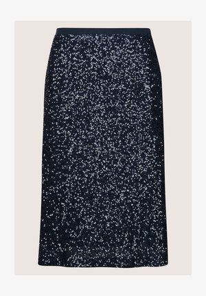 Navyblaue knielange Rock, bedeckt mit metallic Glitzersteinchen, mit tailliertem Schnitt und elastischem Bund für zusätzlichen Komfort.