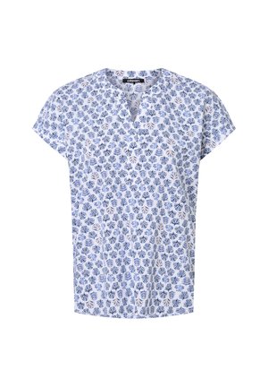Short-sleeve blouse in white with a blue floral pattern. Features a v-neck design and a loose fit, made from lightweight fabric.