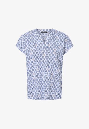 Short-sleeve blouse in white with a blue floral pattern. Features a v-neck design and a loose fit, made from lightweight fabric.