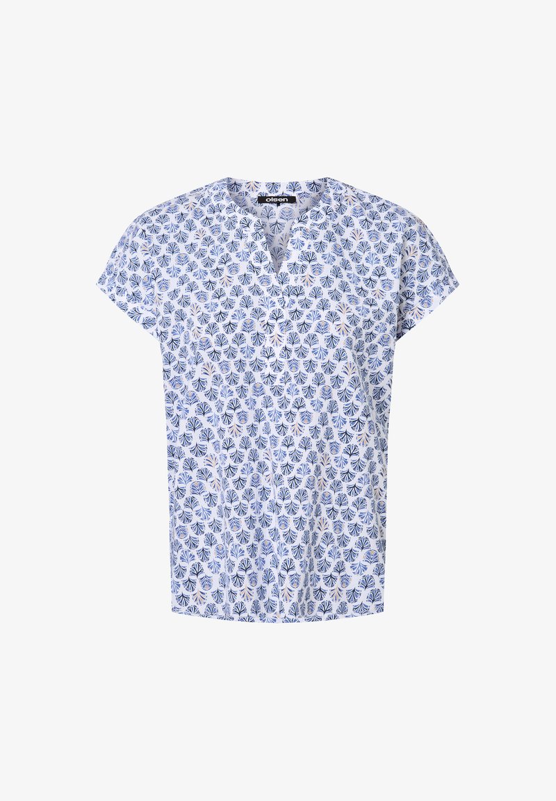 Short-sleeve blouse in white with a blue floral pattern. Features a v-neck design and a loose fit, made from lightweight fabric.