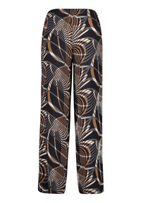 Breda byxor med abstrakta geometriska mönster i svart, brunt, grått och vitt, med elastisk midja.