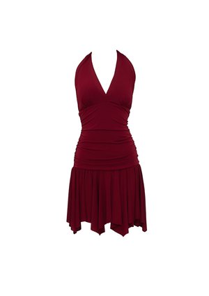 Μπόρντο φόρεμα με λαιμόκοψη halter και βαθύ V, ραβδωτό μπούστο και φουσκωτή φούστα. Κατασκευασμένο από μαλακό ύφασμα με λεία υφή.