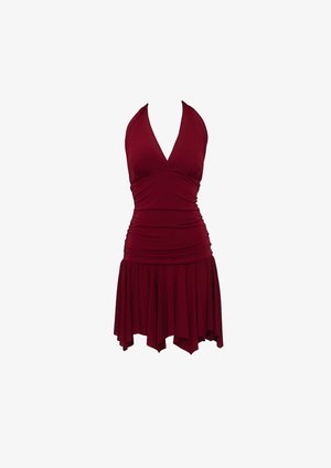 Μπόρντο φόρεμα με λαιμόκοψη halter και βαθύ V, ραβδωτό μπούστο και φουσκωτή φούστα. Κατασκευασμένο από μαλακό ύφασμα με λεία υφή.