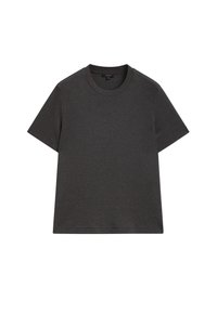 T-shirt a maniche corte di colore grigio scuro, realizzato in morbido cotone. Presenta un collo rotondo e una vestibilità comoda con una texture liscia e uniforme.
