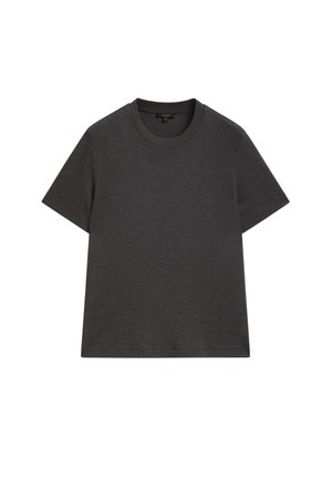 T-shirt a maniche corte di colore grigio scuro, realizzato in morbido cotone. Presenta un collo rotondo e una vestibilità comoda con una texture liscia e uniforme.