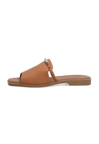 Brown leather slide sandal with an open toe, a strap across the top, and a decorative silver accent on the side. Flat, simple design.