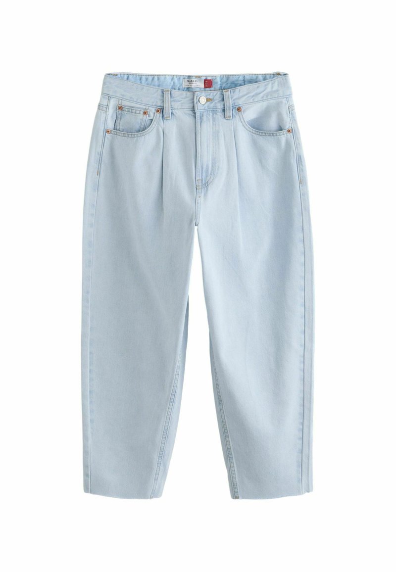 Ljust blå denimjeans med avslappnad passform, prydda med veck, fem fickor och detaljer i kopparfärg. Mjuk textur, raka ben.