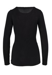 Maglia nera a maniche lunghe con colletto rotondo e silhouette attillata. Realizzata in tessuto leggero e testurizzato. Finitura liscia senza motivi.