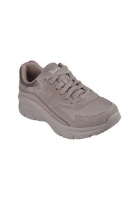 Gray athletic shoe with a mesh and suede upper, round toe, padded collar, lace-up front, and a thick rubber sole. Subtle branding on the tongue.