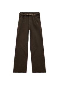 Pantaloni a gamba larga marrone scuro con passanti per cintura, bottone frontale e zip, due tasche anteriori e una cintura abbinata attaccata.