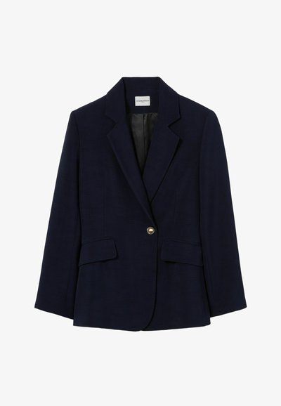 Blazer blu navy in tessuto a trama, chiusura con un bottone dorato singolo, rever a punta e due tasche frontali. Interno foderato.