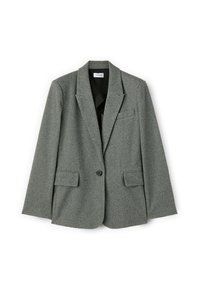 Blazer grigio a scacchi con revers a punta, due tasche frontali, chiusura con un solo bottone e un rivestimento interno nero liscio.