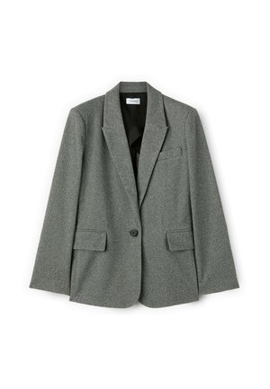 Szary żakiet w wzór houndstooth z klapami, dwoma przednimi kieszeniami, zapięciem na jeden guzik oraz gładką czarną podszewką.