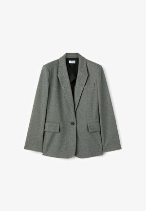 Szary żakiet w wzór houndstooth z klapami, dwoma przednimi kieszeniami, zapięciem na jeden guzik oraz gładką czarną podszewką.