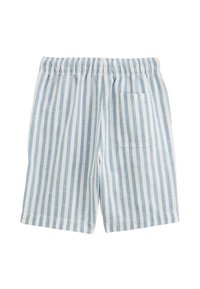 Shorts à rayures bleues et blanches avec une taille élastique, dotés d'une poche arrière et d'une texture de tissu légère et respirante.