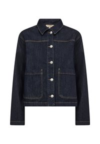 Mörk denimjacka med krage, tryckknappar och två framfickor; har kontrasterande stygn och en något kortad design.