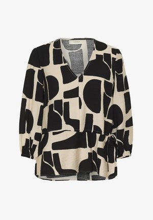 Blusa a maniche lunghe nera e beige con forme geometriche astratte, scollo a V, polsini arricciati e dettaglio con fiocco laterale in vita.