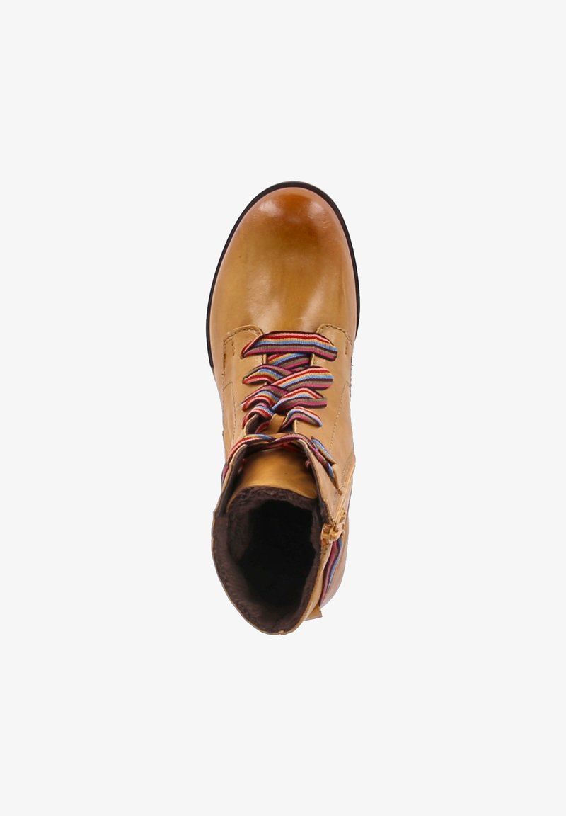 Bottine en cuir fauve avec lacets rayés multicolores et doublure en fausse fourrure marron, vue de dessus sur fond blanc.
