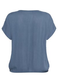 Blaues Oberteil mit kurzen Ärmeln, rundem Halsausschnitt und elastischem Saum. Glattes, leichtes Material mit subtiler Textur. Rückansicht gezeigt.