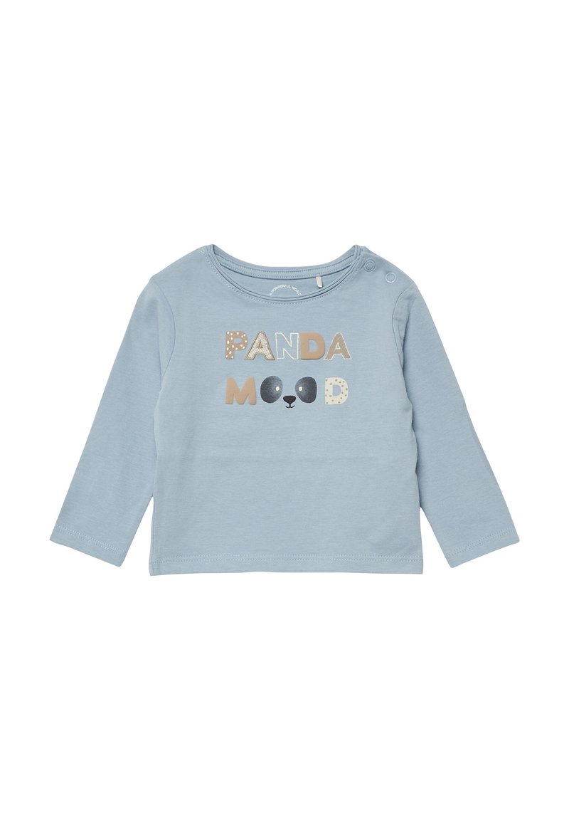 Himmelblaues Langarmshirt für Kleinkinder mit Druckknöpfen an der Schulter, das den Text "PANDA MOOD" und Pandagesichtdetails auf der Vorderseite aufweist.
