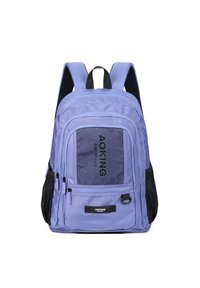 Lilac stoffen rugzak met meerdere ritscompartimenten, gaasaccenten en zwarte zijzakken; heeft verstelbare schouderriemen en logo-detail.