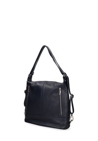 Borsa a tracolla in pelle blu navy con finitura testurizzata, dotata di due tasche laterali con zip, di una tracolla rimovibile e di un manico superiore.