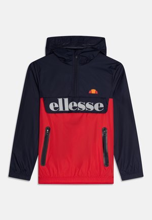 Navyblå og rød hættetrøje med lynlås foran, to lynlåslommer og stort "ellesse" logo på brystet.