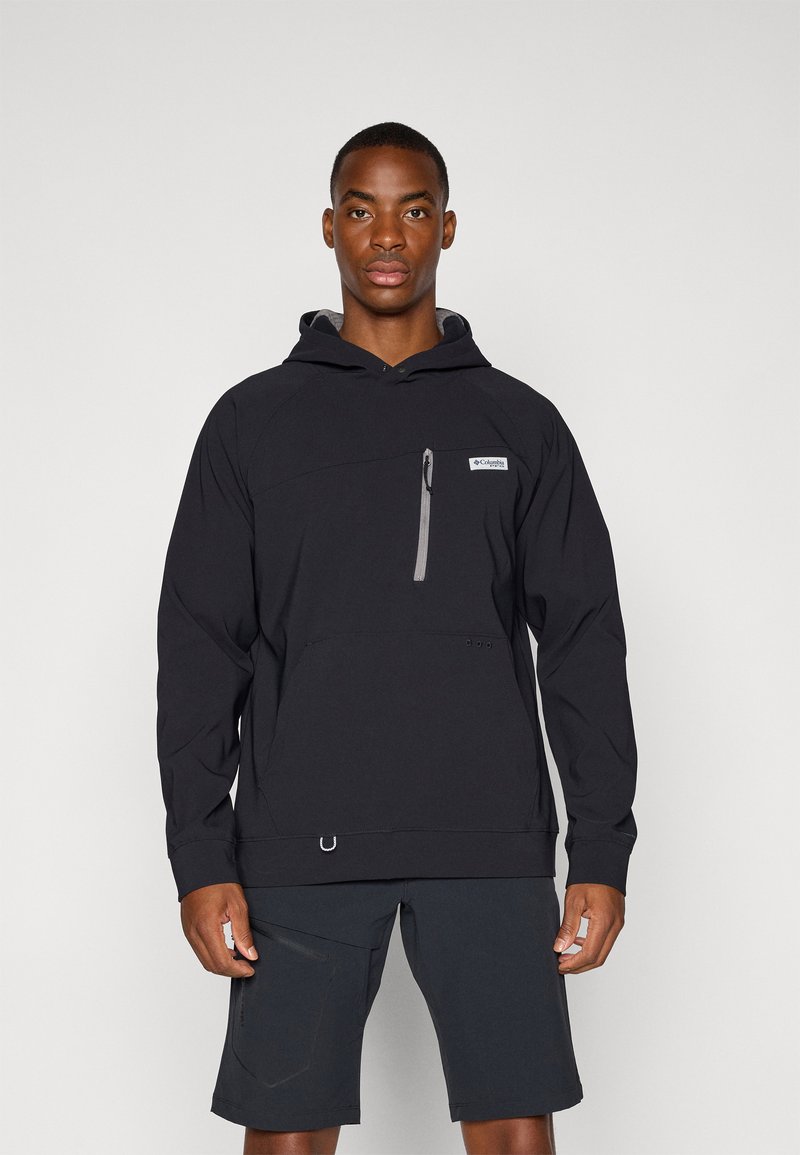 Black pullover hoodie with a grey interior, featuring a front pocket and zippered chest pocket; worn with dark shorts. Smooth texture, minimal design.