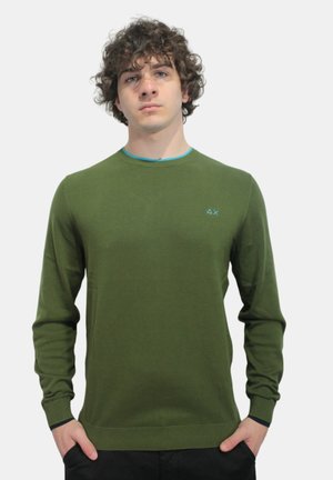 Maglione verde lavorato a maglia con maniche lunghe, scollo rotondo e bordi blu a contrasto. Presenta un piccolo logo sul lato sinistro del petto. Texture liscia.