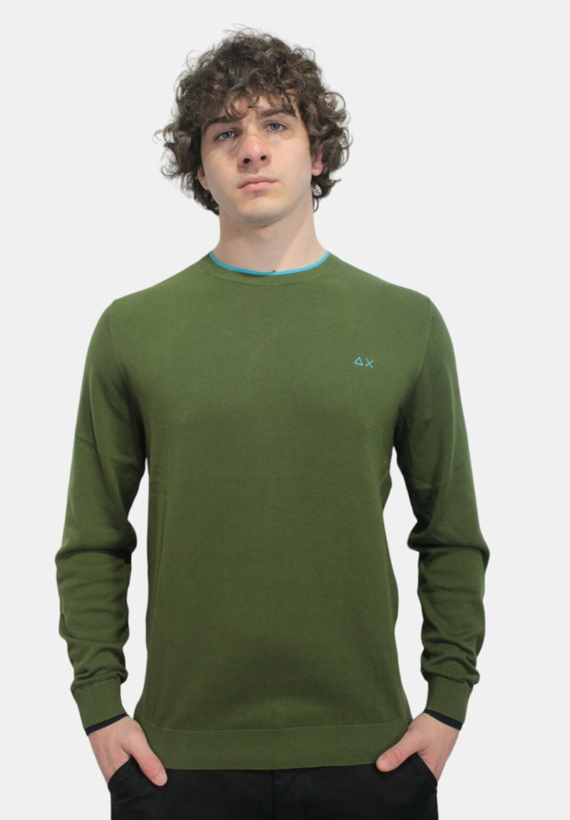 Maglione verde lavorato a maglia con maniche lunghe, scollo rotondo e bordi blu a contrasto. Presenta un piccolo logo sul lato sinistro del petto. Texture liscia.