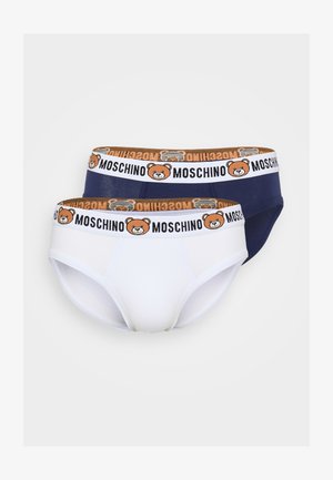 Due coppie di slip da uomo in bianco e blu marino, con una cintura decorata con un motivo e il logo di un orso insieme al testo "Moschino". Materiale in cotone morbido.